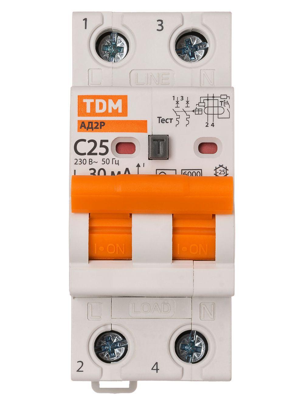 Диф автомат АД 2 2Р 25А 30мА TDM